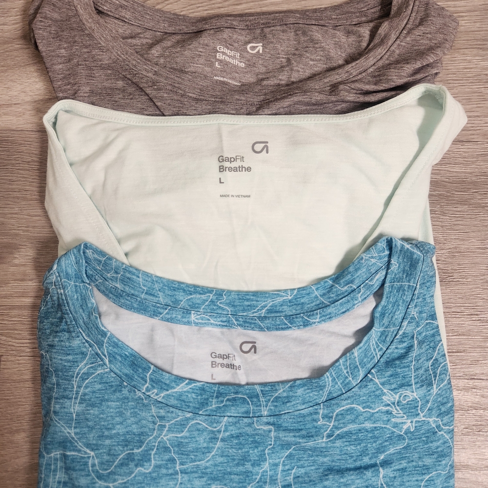 Gap Fit Breathe Blue Gray Green‎ Shirts Lot (3) Size L Activewear Lightweight